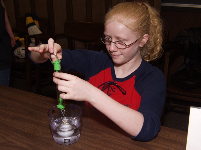 Exploring the concept of buoyancy with a spring scale, golf ball, and water.