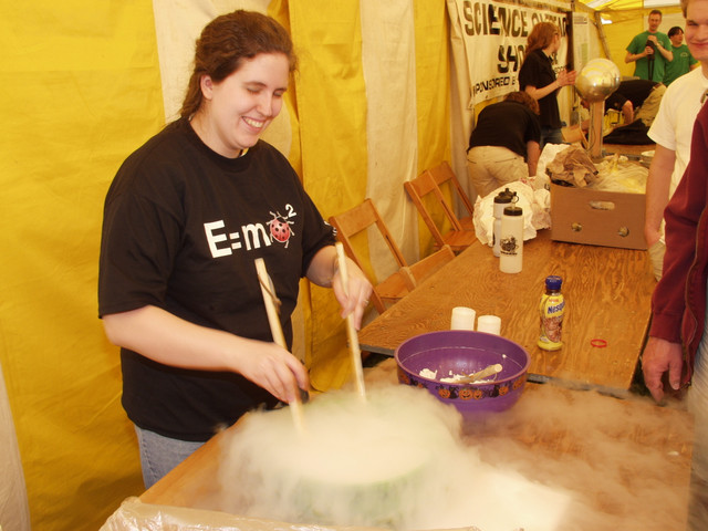 Elizabeth is mixing up a batch of liquid nitrogen ice cream.