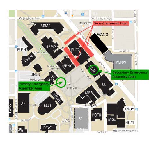 The primary emergency area is near the Purdue Mall. The secondary area is at the MSEE building.