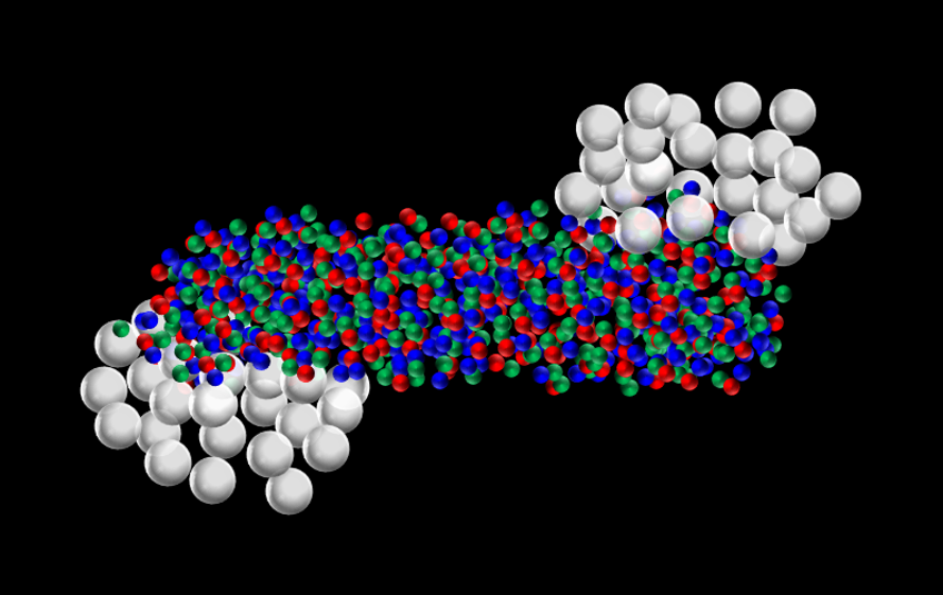 Figure 2.  A cartoon of the collision of two heavy nuclei.  The white spheres are protons and neutrons.  The nucleus on the left is travelling to the left and the nucleus on the right is travelling to the right.  Where the nuclei collided, we see a lot of quarks.  
