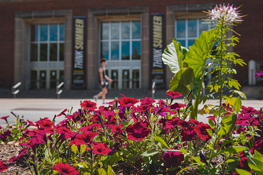 Stewart Center building with flowers