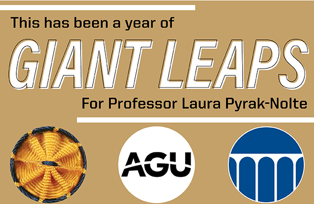 This year has marked giant leaps for Dr. Laura Pyrak-Nolte.  In addition to getting works published throughout the year, she was also elected as a 2020 American Geophysical Union (AGU) Fellow.  The AGU Fellows program, established in 1962, defines fellows as external experts, capable of advising government agencies and other organizations outside the sciences.  Fellows are named as members who have made exceptional contributions to Earth and space science through a breakthrough, innovation, or discovery in their field. Since, 1962, fewer than 0.1% of the AGU members are elected to this prestigious group. She was also named an American Association for the Advancement of Science (AAAS) 2020 Fellow. AAAS Fellows are elected each year by their peers serving on the Council of AAAS, the organization’s member-run governing body. The title recognizes important contributions to STEM disciplines, including pioneering research, leadership within a given field, teaching and mentoring, fostering collaborations, and advancing public understanding of science.   She received a rosette pin (pictured) for the Section on Physics designation for outstanding contributions to understanding the physics of fractures in rocks and their interactions with fluids and seismic waves. Most recently, she was elected as a member of the National Academy of Engineering (NAE) for advances in understanding of the processes that link the mechanical, hydraulic, and seismic properties in discontinuities. Election to the National Academy of Engineering is among the highest professional distinctions accorded to an engineer. Academy membership honors those who have made outstanding contributions to "engineering research, practice, or education, including, where appropriate, significant contributions to the engineering literature" and to "the pioneering of new and developing fields of technology, making major advancements in traditional fields of engineering, or developing/implementing innovative approaches to engineering education." 