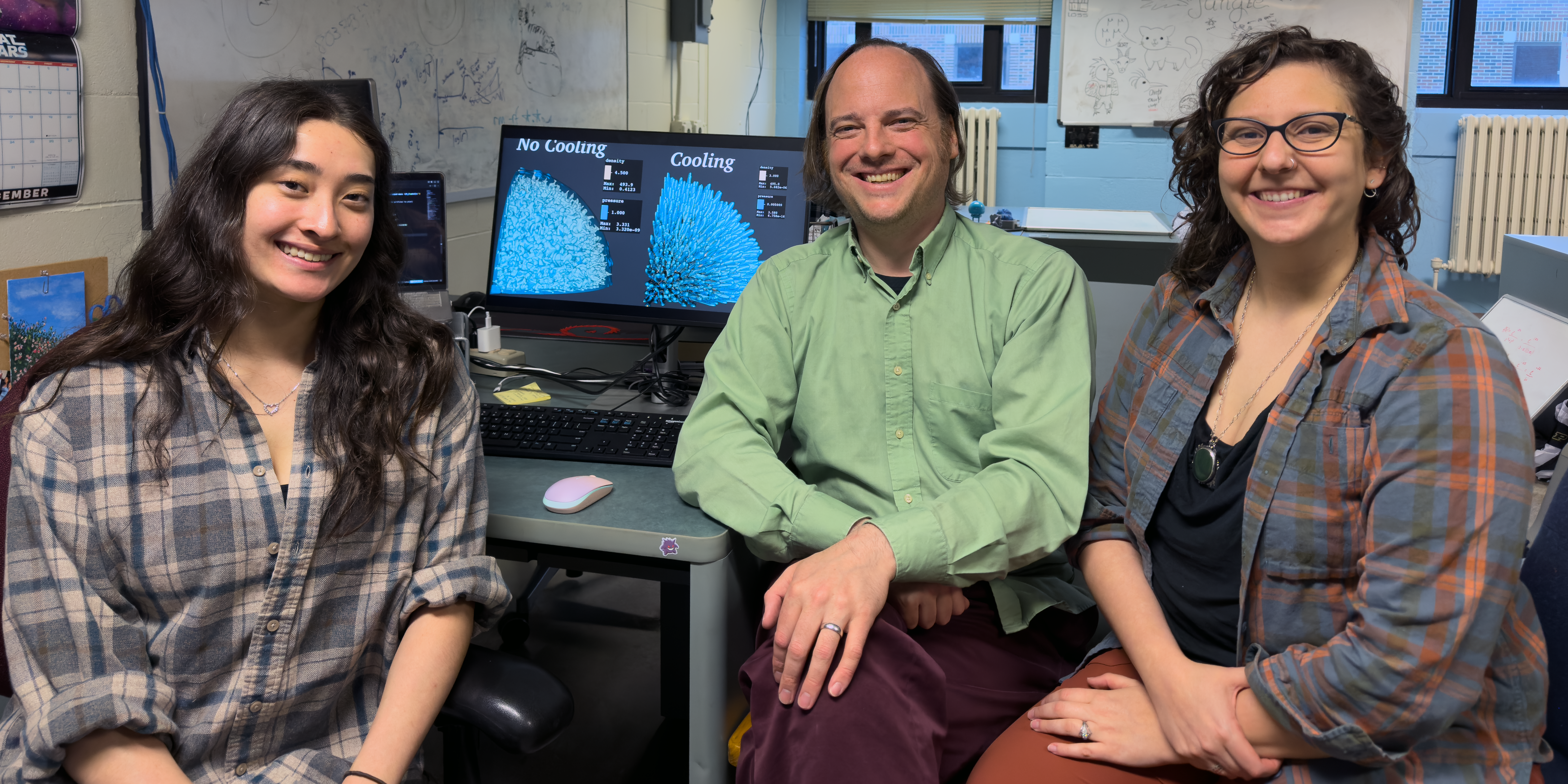Graduate student researcher Miranda Pikus, Professor Paul Duffell, Professor Abigail Polin