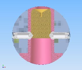 Cross section of rod at hardened steel insert - Yellow is the cathode